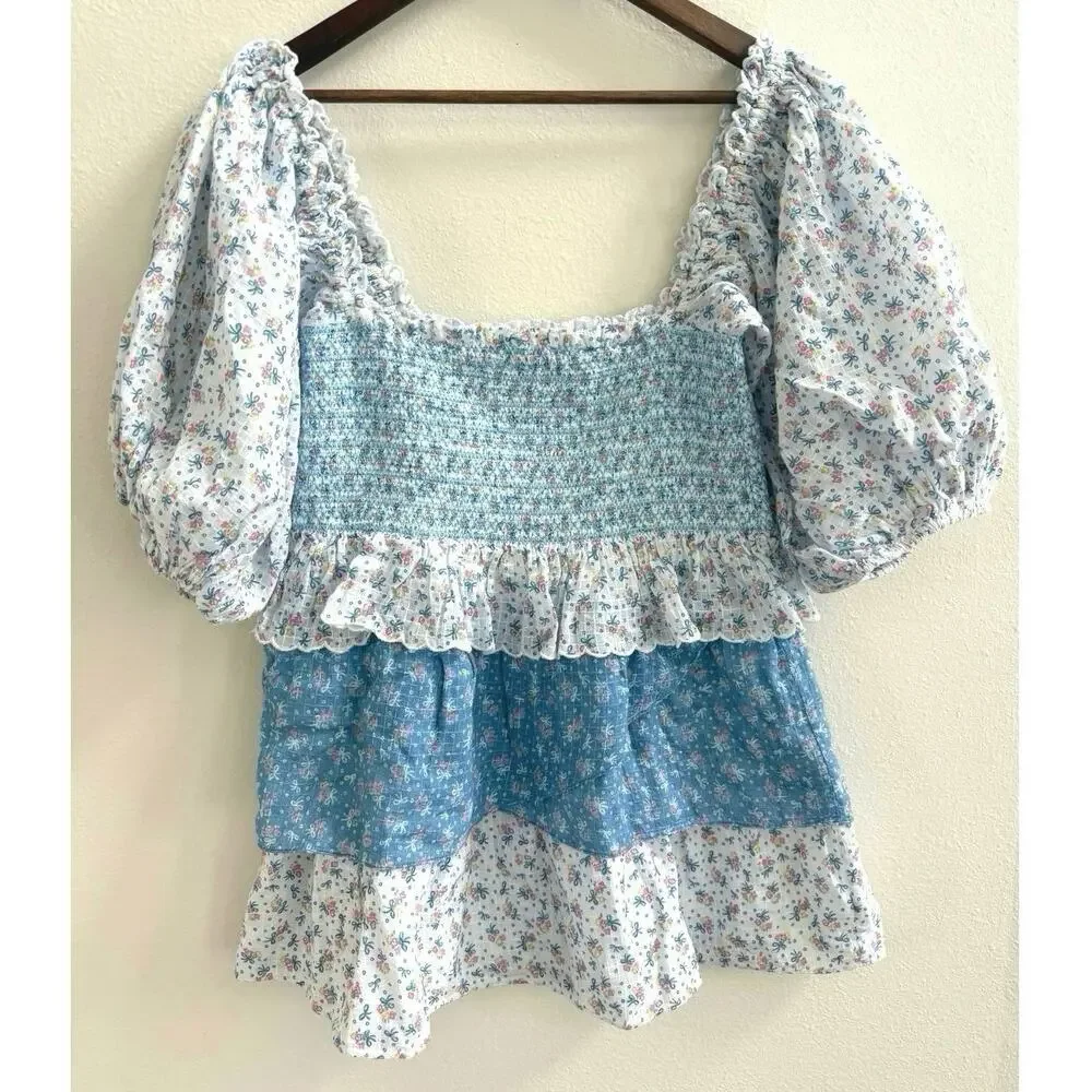 LoveShackFancy NWOT Shaw Large Blue Micro Mini Dress Floral Tiered Tunic - Picture 3 of 16